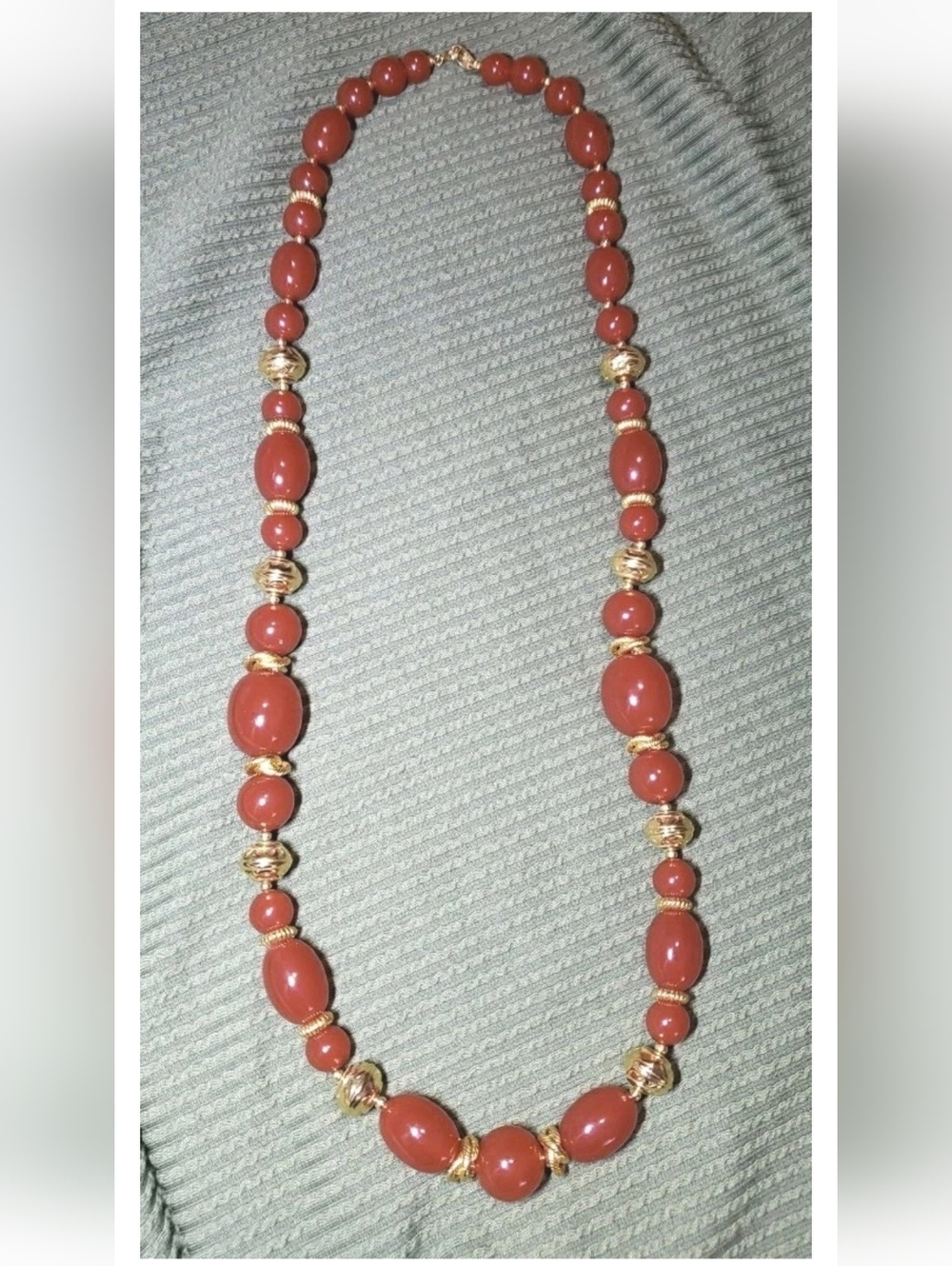 Trifari Graduated Round Oval Red Orange  Beads Gold Tone   Accents Necklace